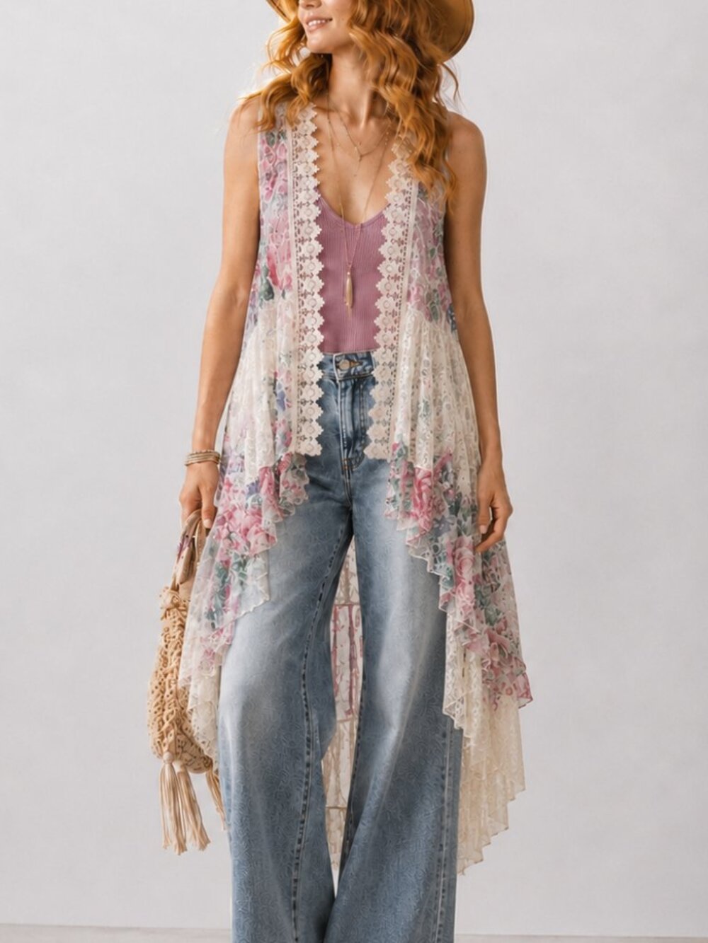 Origami Floral Lace Duster Vest Cardigan High Low Topper SZ Large Boho Western